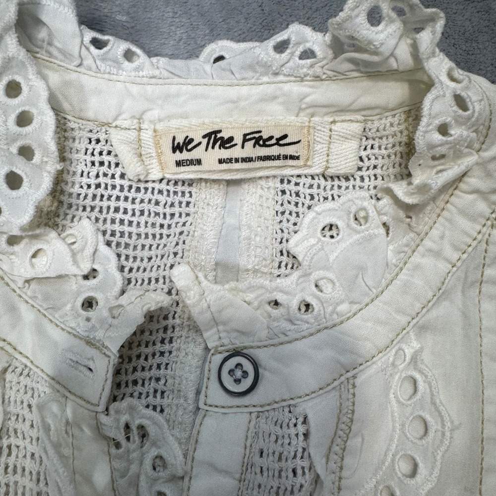 We The Free Free People White Eyelet Lace Ruffle Button Down Medium - Picture 4 of 11
